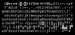 The extended ASCII character set, rendered by an IBM PC.