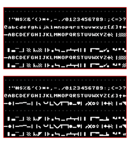 The shifted and unshifted PETSCII character set displayed on a Commodore 64.