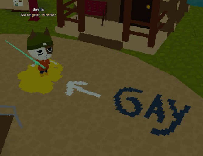 Webfishing screenshot featuring my player character on a yellow drawing resembling a puddle and an arrow pointing to him with the word «gay» written next to it.