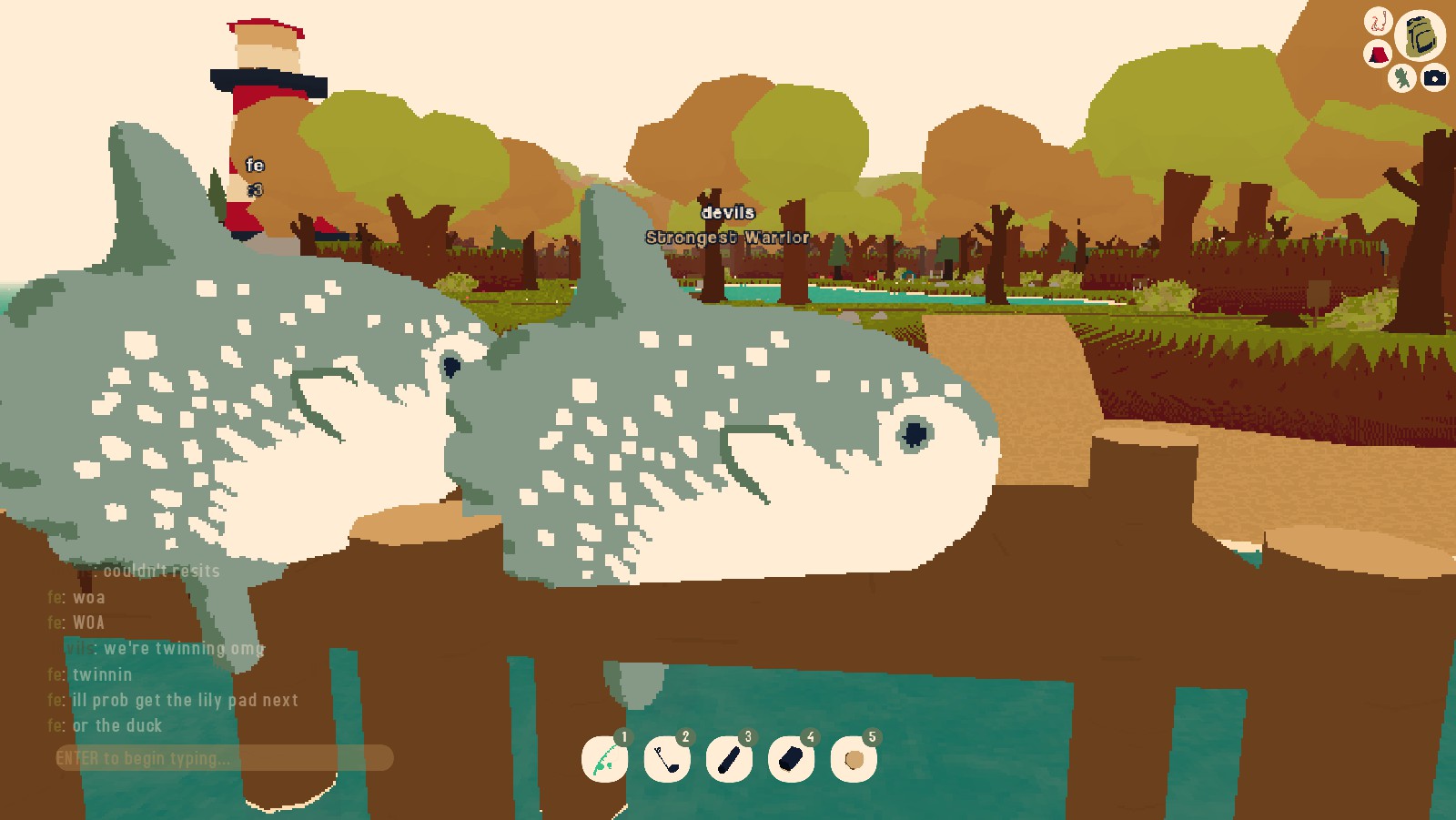 Webfishing screenshot of me and another player both holding up sunfish.