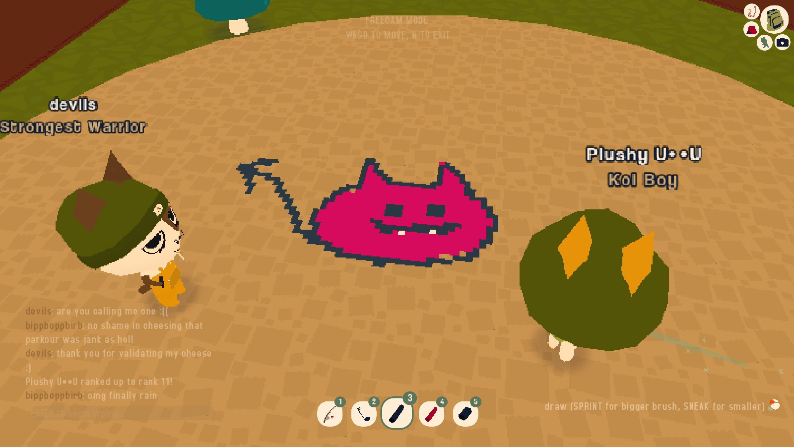 Webfishing screenshot featuring me and my friend next to a drawing of a small devil on the ground I made.